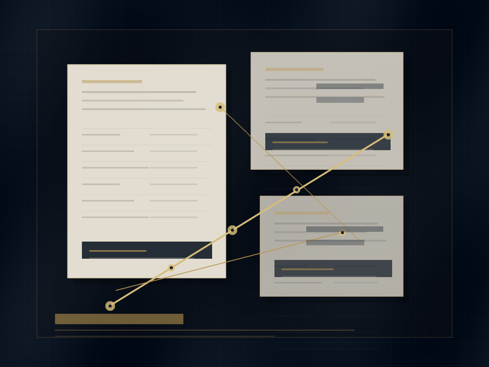 Layered matter records, chronology lines, and support-gap markings arranged for counsel review.